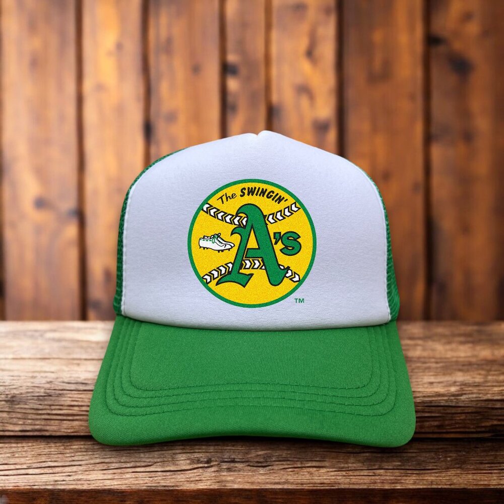 Oakland Athletics Mens Trucker Hat Green Snapback Swingin' As' Throwback Logo